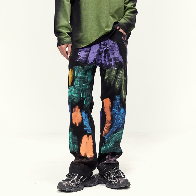 美式高街涂鸦彩绘刷漆牛仔裤男潮牌痞帅宽松直筒裤休闲长裤子潮流