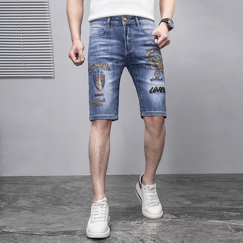 夏季拉链印花刺绣牛仔短裤马裤