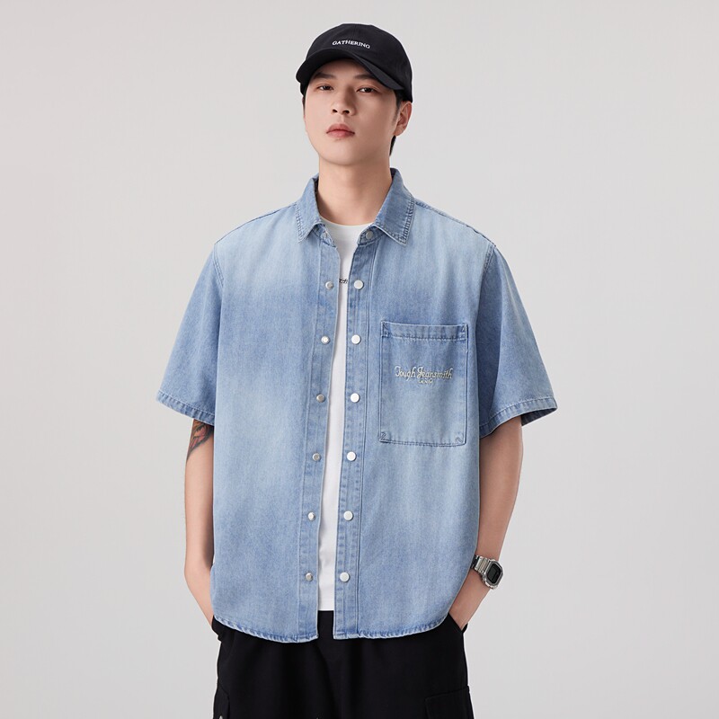 夏季美式浅蓝牛仔短袖衬衫男