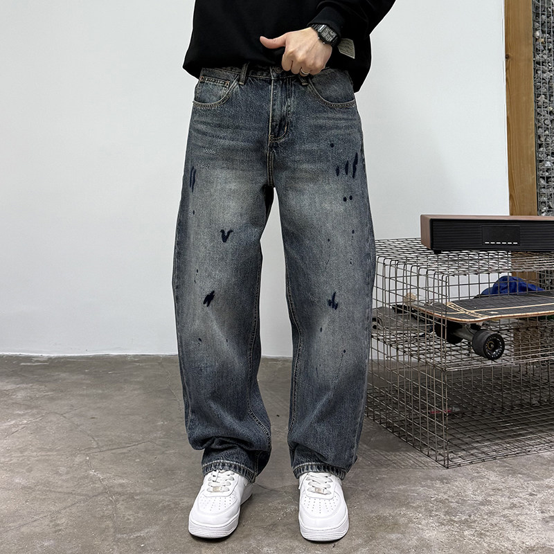 美式高街泼墨宽松直筒牛仔裤男