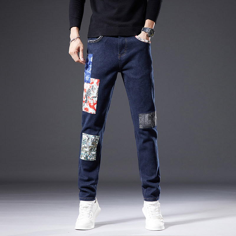 高端深蓝色印花补丁拼接牛仔裤男款潮牌弹力修身小直筒休闲长裤子