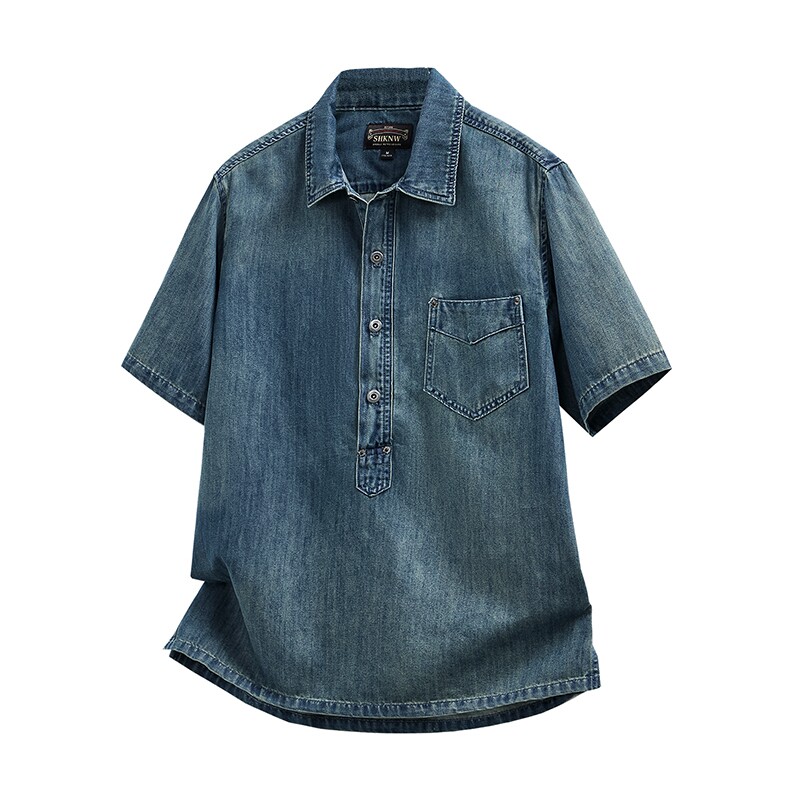 高端轻奢复古牛仔短袖衬衫男夏季薄款宽松休闲套头翻领衬衣外套男