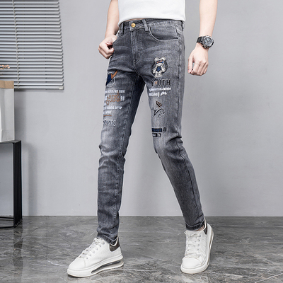 夏季拉链刺绣牛仔长裤