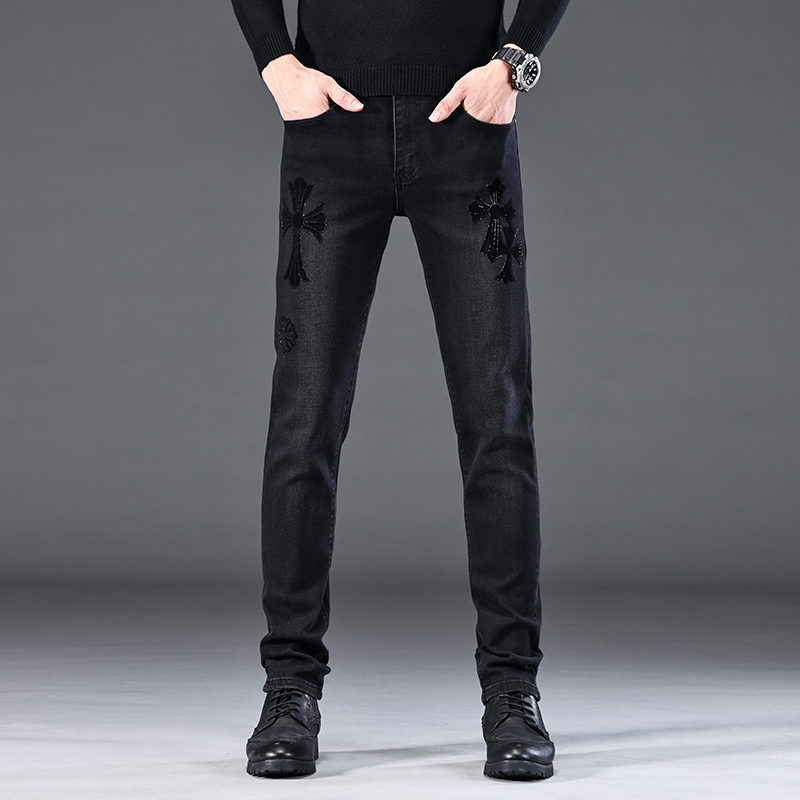 秋冬季拉链烫钻印花牛仔长裤