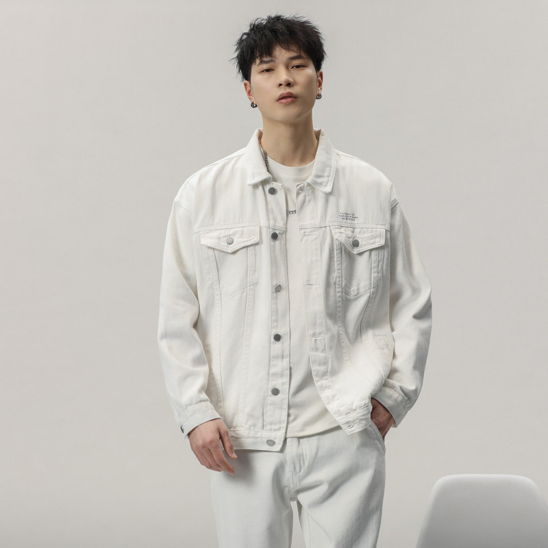白色印花牛仔外套男潮牌休闲工装夹克两件套装帅气百搭男生上衣服
