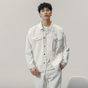 白色印花牛仔外套男潮牌休闲工装夹克两件套装帅气百搭男生上衣服
