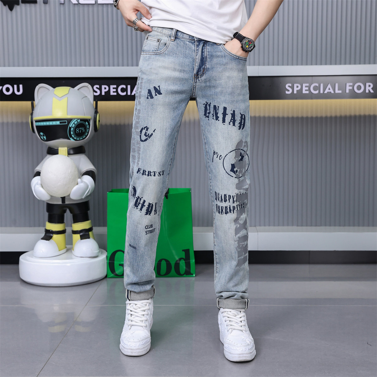 夏季洗水印花牛仔裤长裤