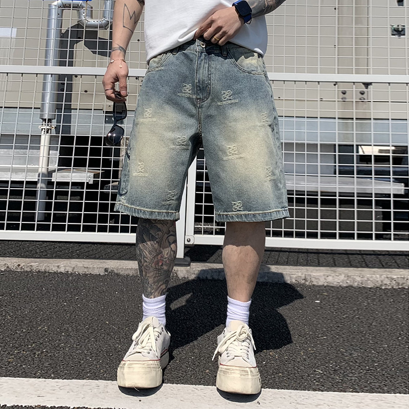 美式高街提花复古牛仔短裤男款潮牌痞帅宽松直筒五分裤休闲中裤子