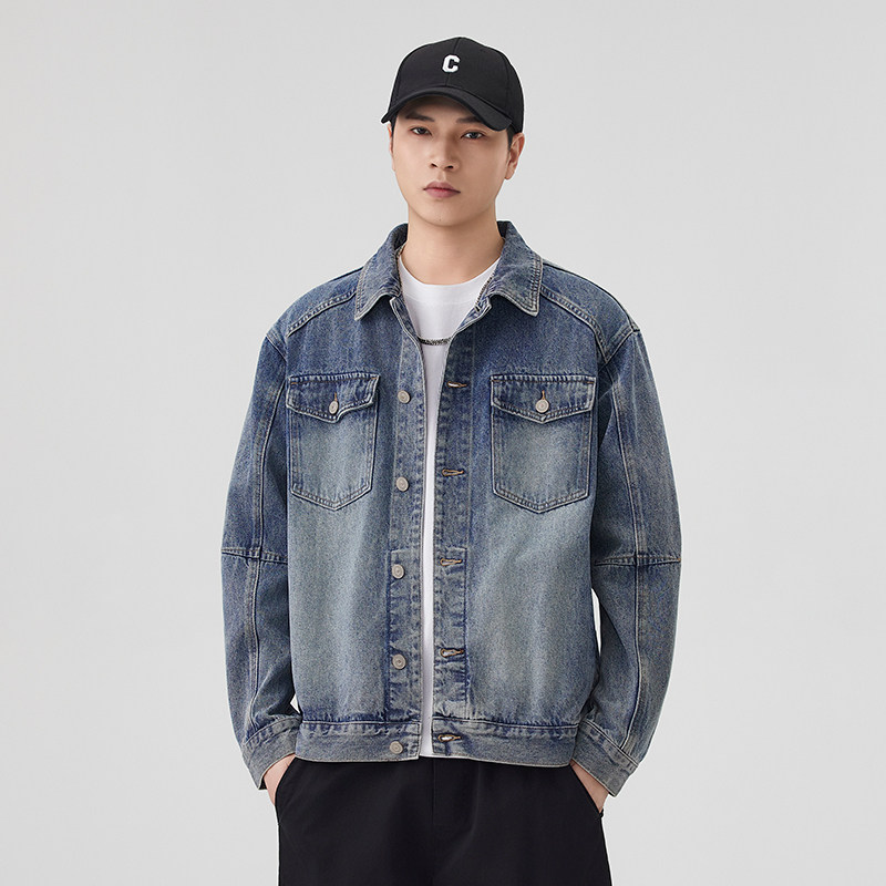 美式复古拼接牛仔外套男春季薄款宽松百搭潮牌翻领夹克衣时尚男装