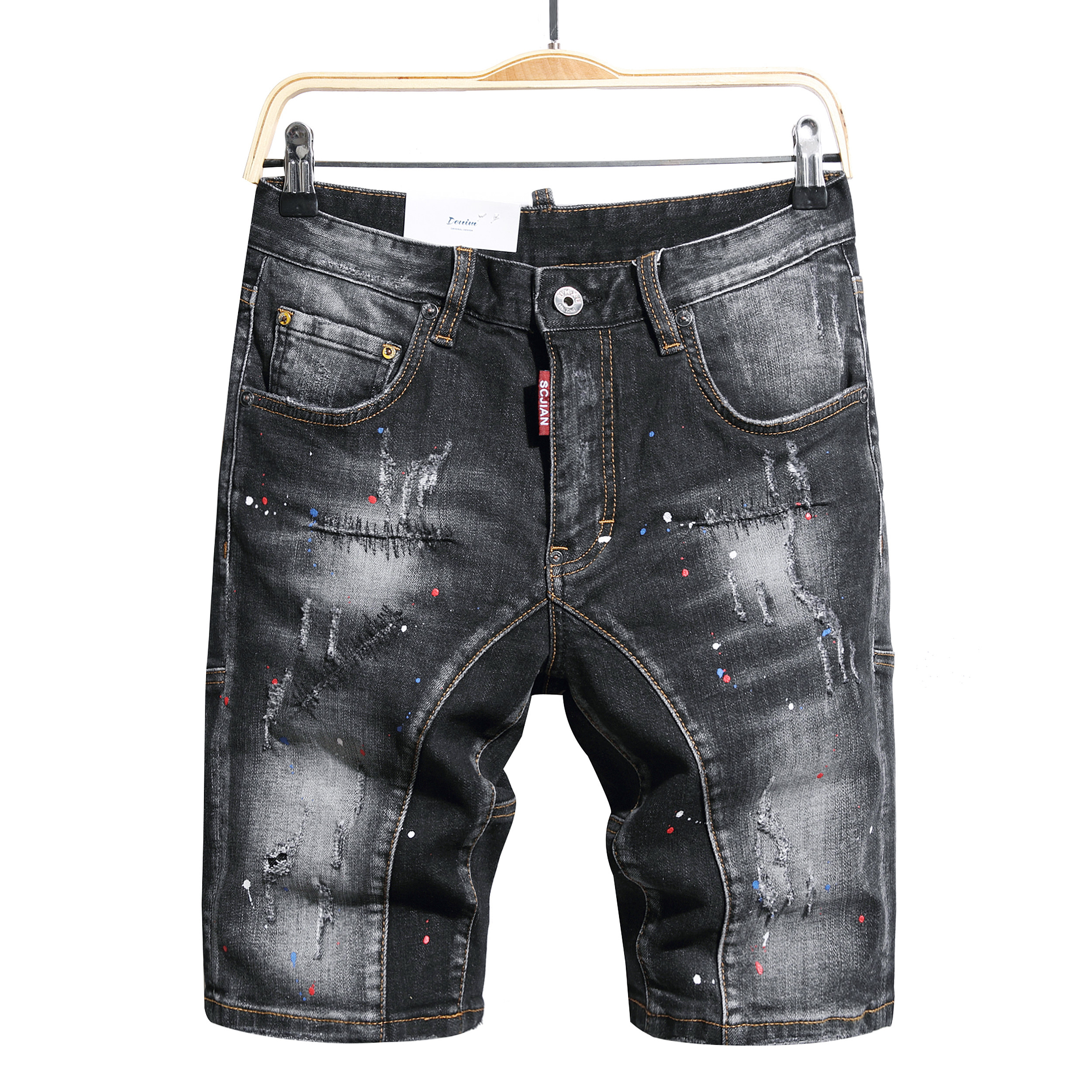 高端泼墨破洞牛仔短裤男士五分裤刺绣潮流百搭弹力修身拼接马裤子
