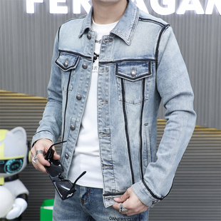 欧货春秋季高端个性拼接牛仔夹克男时尚印花痞帅修身潮牌外套潮流