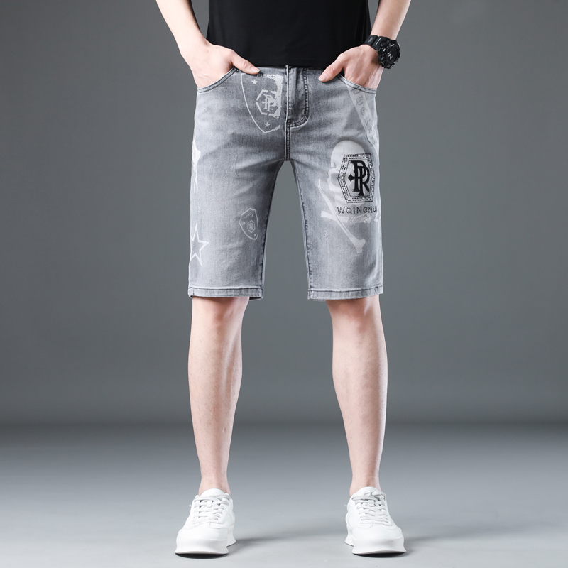 欧洲站个性烫钻印花牛仔短裤男款修身五分裤水洗烟灰色中裤子潮牌