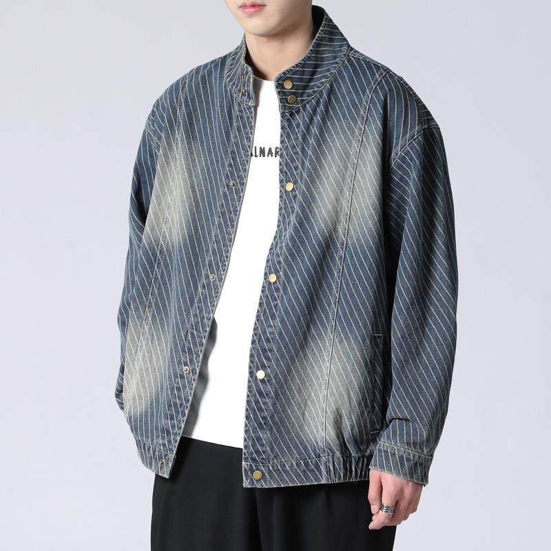 美式高级感痞帅复古条纹牛仔外套男潮牌宽松大码立领休闲夹克上衣