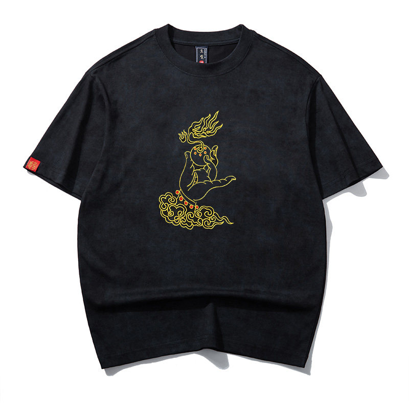 美式重磅国潮风佛手刺绣短袖T恤男夏季宽松大码圆领半袖体恤潮牌