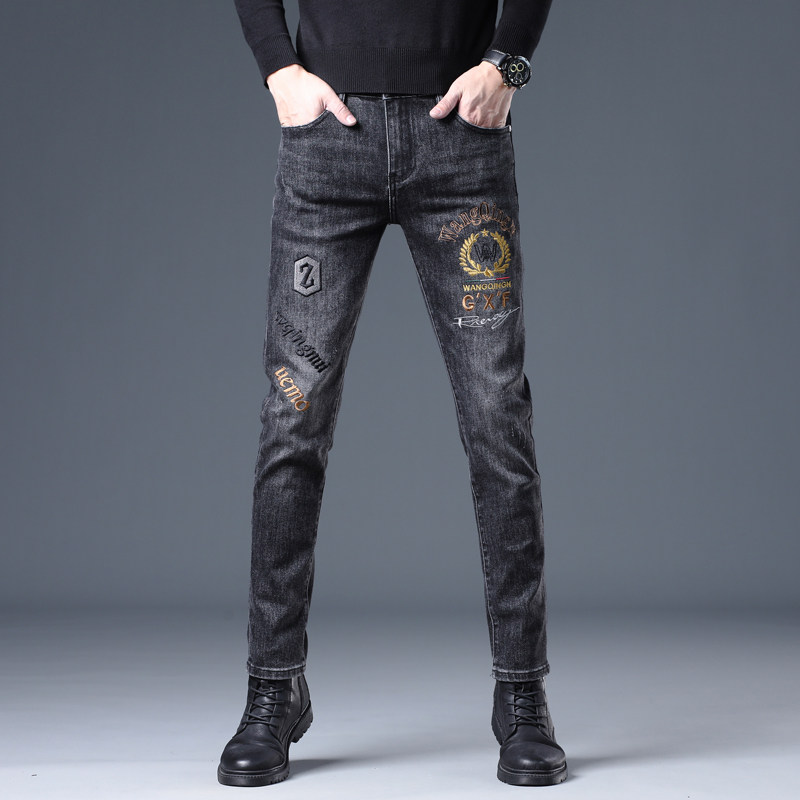 高端刺绣牛仔裤男欧洲站潮牌春秋季青少年修身小脚新款印花长裤子