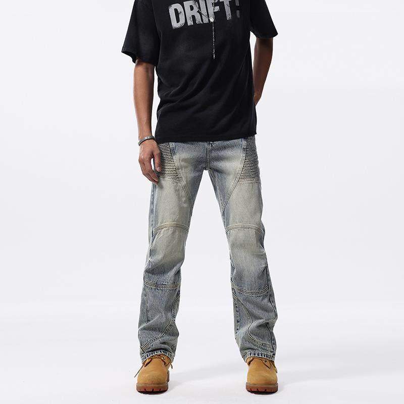 美式高街设计感机车朋克牛仔裤男款潮牌痞帅炸街宽松直筒拼接裤子