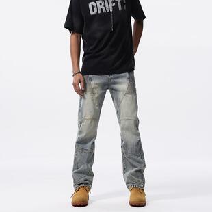 美式高街设计感机车朋克牛仔裤男款潮牌痞帅炸街宽松直筒拼接裤子