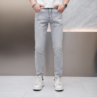 夏季薄款高端浅色牛仔裤男款弹力修身磨白帅气潮流百搭休闲长裤子