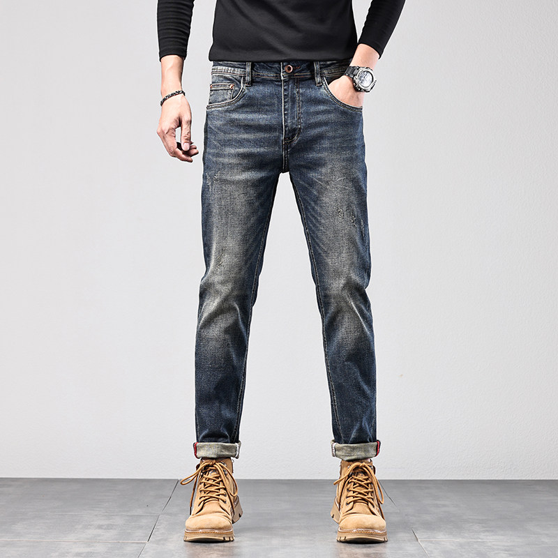 高端重磅水洗牛仔裤男款春秋季修身直筒长裤复古弹力休闲百搭裤子