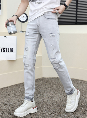 春秋新款浅蓝色破洞牛仔裤男潮牌修身小脚弹力印花烫钻休闲长裤子