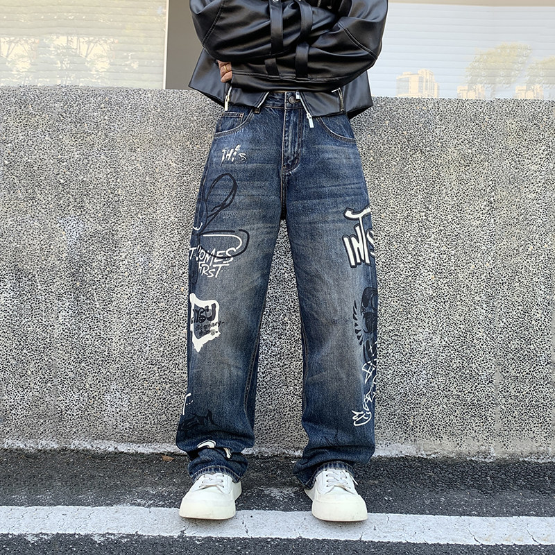 秋冬季宽松直筒涂鸦牛仔裤男