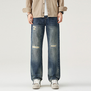美式破洞补丁牛仔裤男春秋季复古做旧宽松直筒阔腿高街休闲长裤子