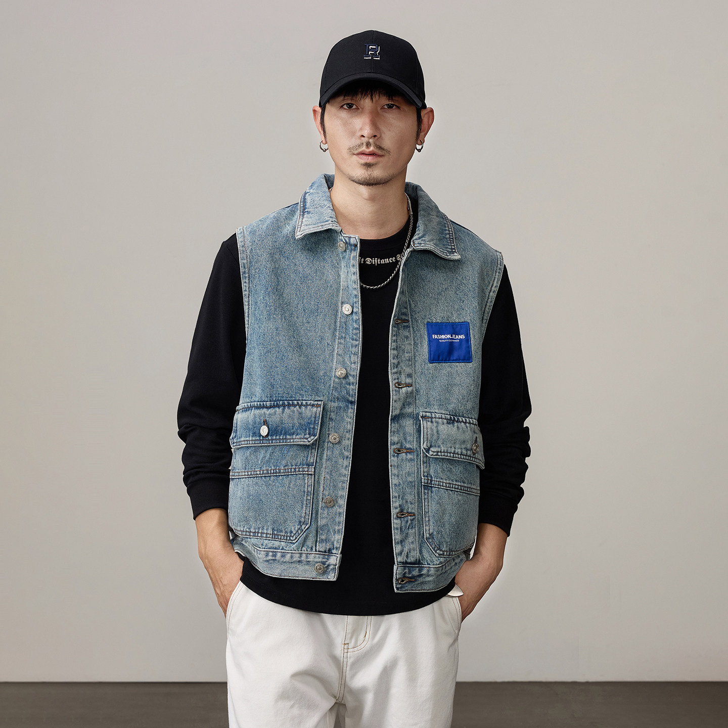 复古春秋大口袋工装牛仔马甲男