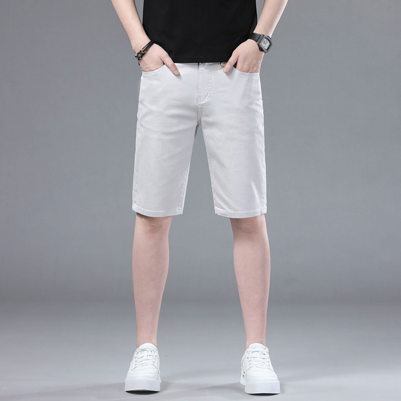 莱赛尔天丝白色牛仔短裤男夏季薄款修身直筒中裤休闲百搭五分裤子