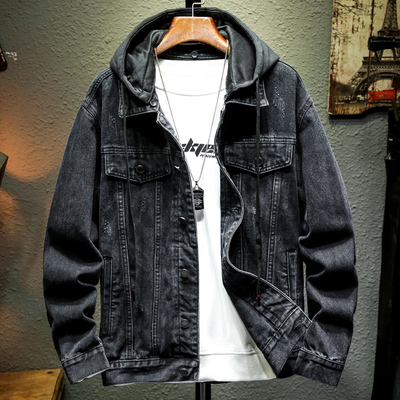 冬季黑色牛仔外套男士连帽夹克加厚棉衣宽松休闲百搭工装上衣流行