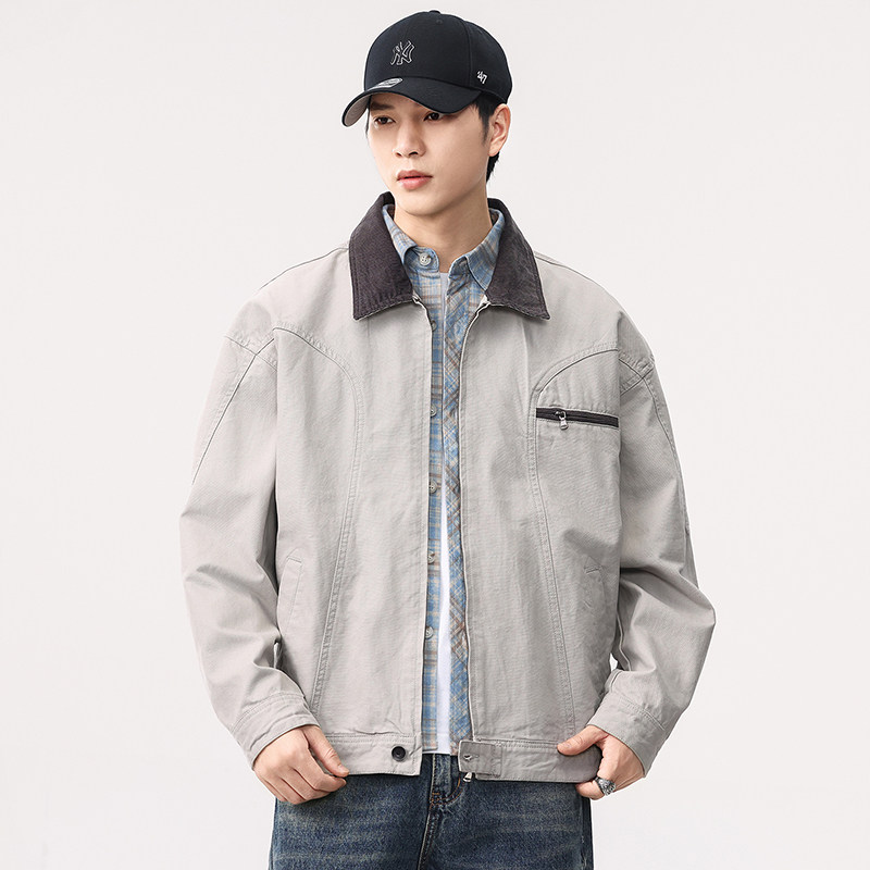 高端美式复古工装飞行休闲夹克男春秋季宽松大码拼色翻领外套上衣