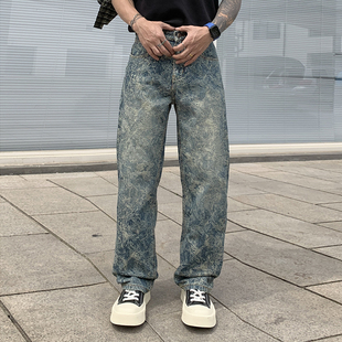 美式复古提花牛仔裤男款夏季新款痞帅宽松直筒个性花纹休闲长裤子