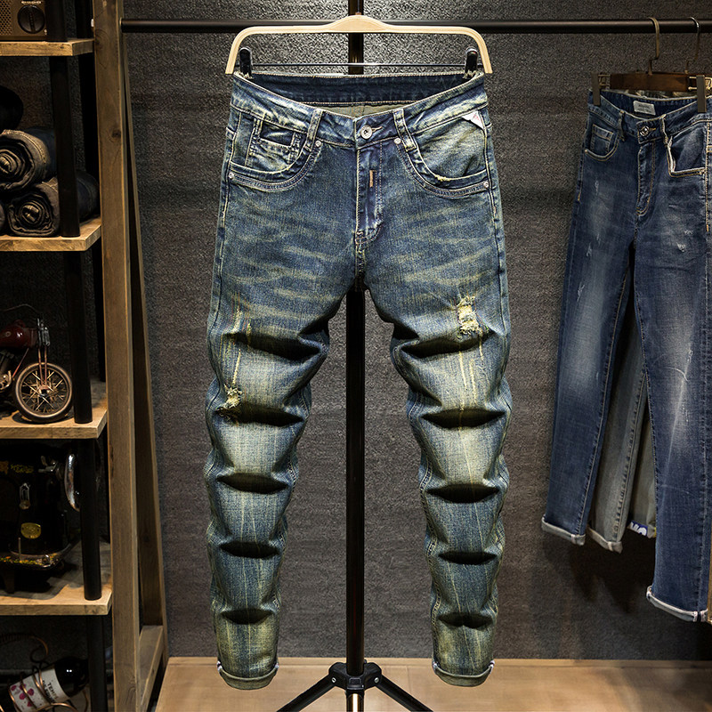 欧洲站复古破洞男士牛仔裤韩版潮流弹力修身潮牌炸街怀旧小脚裤子