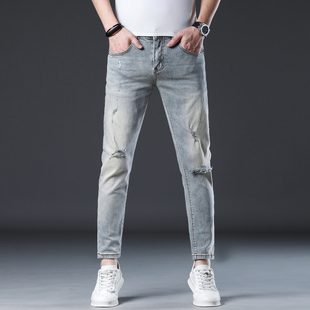 痞帅破洞九分牛仔裤男士潮流复古潮牌修身小脚乞丐炸街弹力长裤子