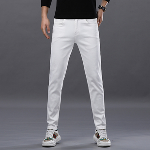 秋冬新款高端白色牛仔裤男潮流休闲百搭欧货修身弹力小直筒长裤子