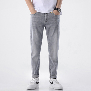 春夏薄款烟灰色水洗牛仔裤男浅色修身小脚长裤子潮流帅气休闲男裤