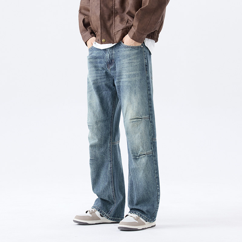 美式复古高街拼接牛仔裤男生韩版宽松直筒阔腿长裤子男款秋季新款