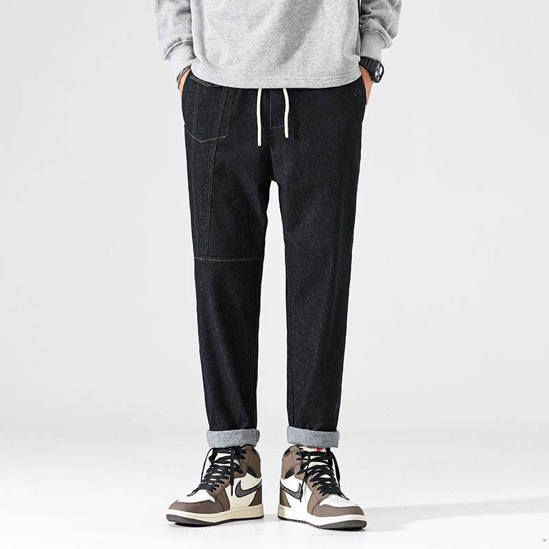 潮牌高街黑色工装牛仔裤男款宽松直筒多口袋休闲抽绳秋冬款长裤子