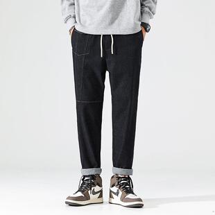 潮牌高街黑色工装牛仔裤男款宽松直筒多口袋休闲抽绳秋冬款长裤子