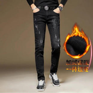 高端欧货加绒刺绣凤凰黑色牛仔裤男弹力修身小脚休闲长裤子男潮流