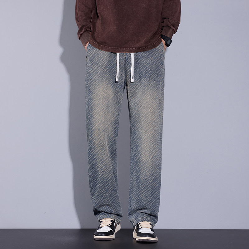 美式复古星空纹牛仔裤男款春秋季潮牌宽松直筒休闲百搭阔腿长裤子