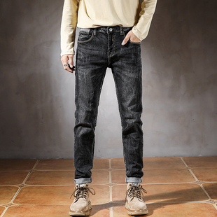秋季牛仔裤男潮牌新款黑色弹力水洗直筒裤青年休闲修身长裤子男生