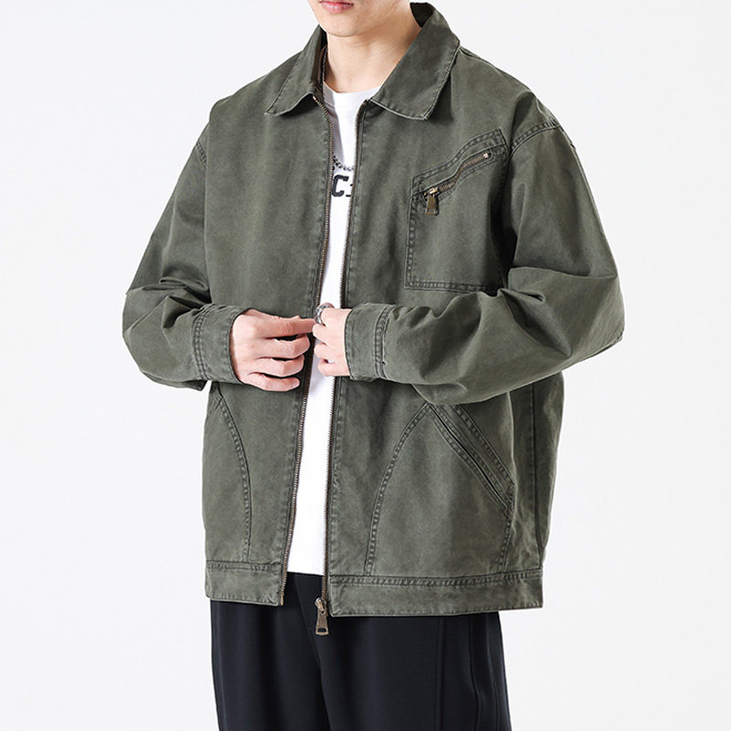 高密双经斜棉拉链贴袋翻领工装夹克男重磅宽松潮牌休闲外套军绿色,男装,夹克,淘宝优惠券,粉丝福利购,淘宝优惠卷