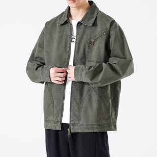 高密双经斜棉拉链贴袋翻领工装夹克男重磅宽松潮牌休闲外套军绿色