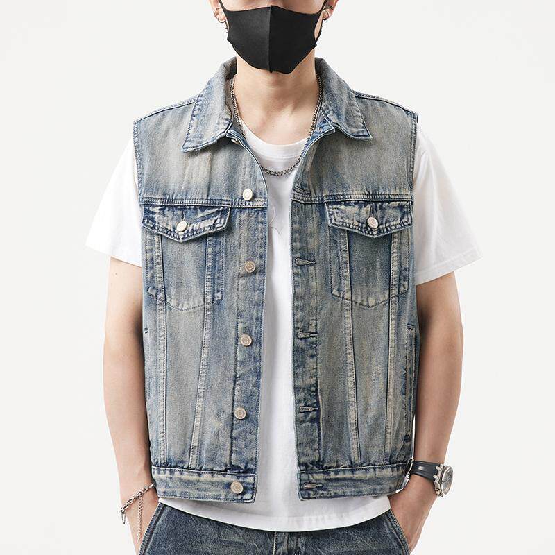 春夏季高端复古牛仔马甲男无袖翻领马夹坎肩工装多口袋上衣背心潮