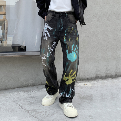 高端复古色轻奢泼墨涂鸦牛仔裤男