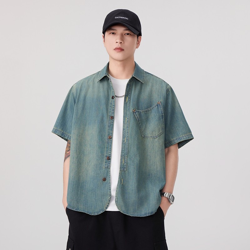 翡翠绿牛仔短袖衬衫男怀旧日系