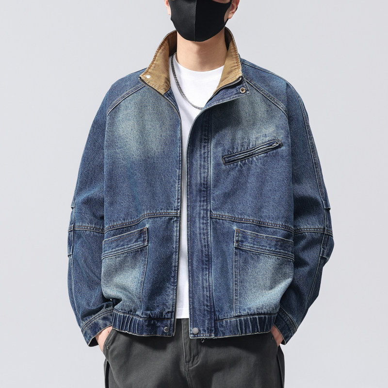 高端复古拼色立领拉链牛仔外套男春秋季潮牌宽松工装夹克上衣潮流