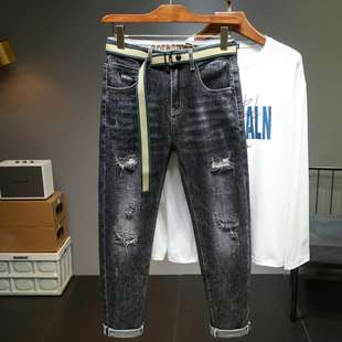 痞帅炸街黑色高端刺绣破洞牛仔裤男潮牌弹力修身小脚长裤子春秋季