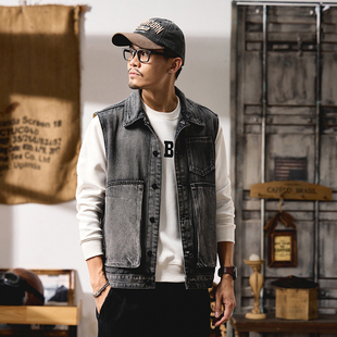 高端美式工装大口袋牛仔马甲男款春秋季复古水洗做旧无袖坎肩背心