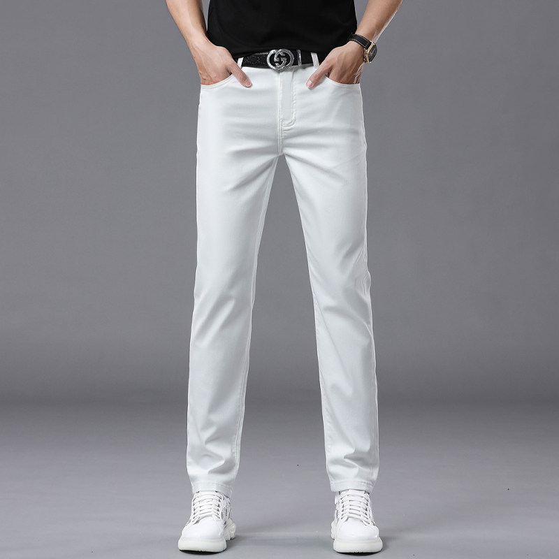 高端轻奢白色牛仔裤男款2025夏季薄款修身小脚休闲百搭简约长裤子